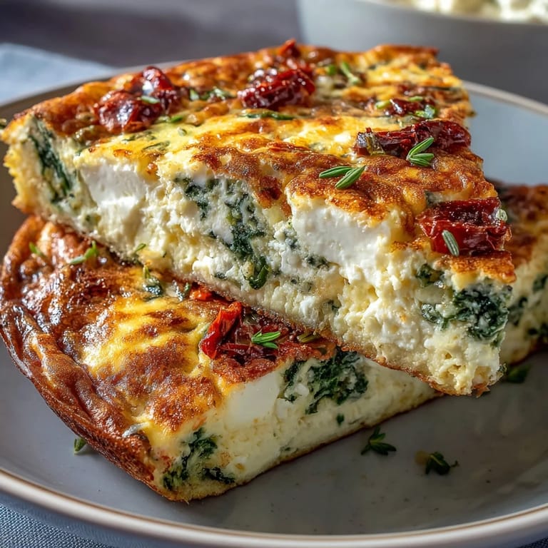 Mediterranean-inspired frittata featuring tender spinach, creamy feta, and juicy sun-dried tomatoes, ideal for a light and healthy meal.