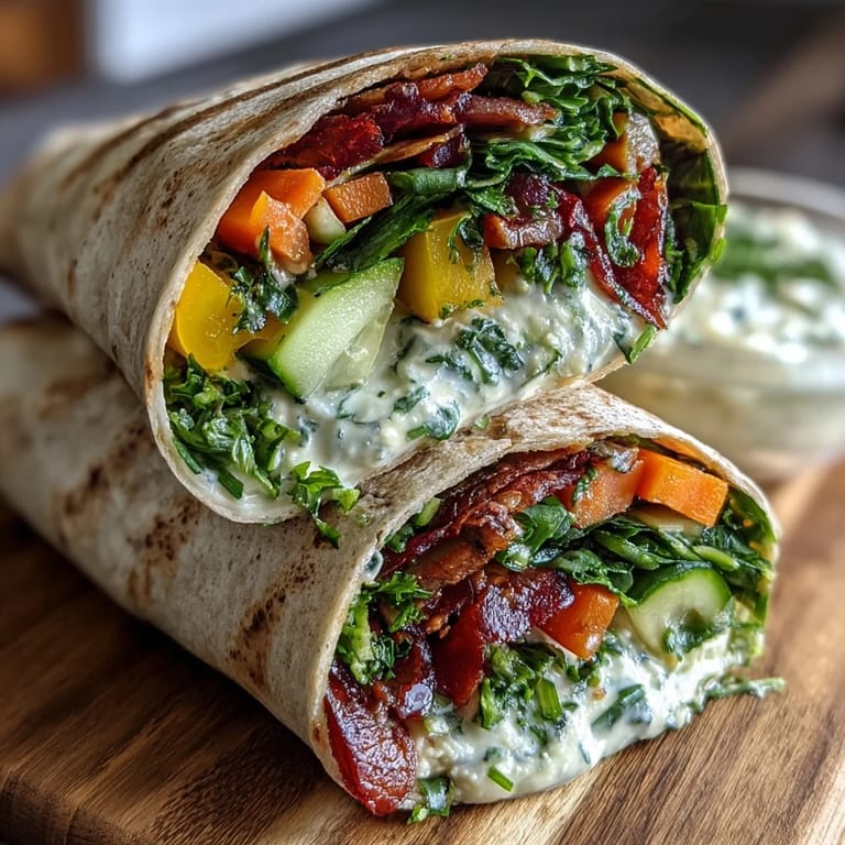 Layered whole wheat wraps filled with vibrant red, yellow, and purple vegetables, drizzled with creamy hummus for flavor.