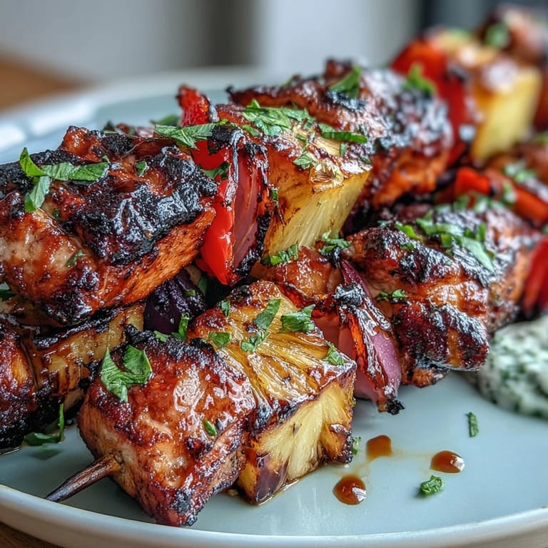 Sweet and savory pineapple chicken skewers sizzling on the grill with tropical marinade aroma.