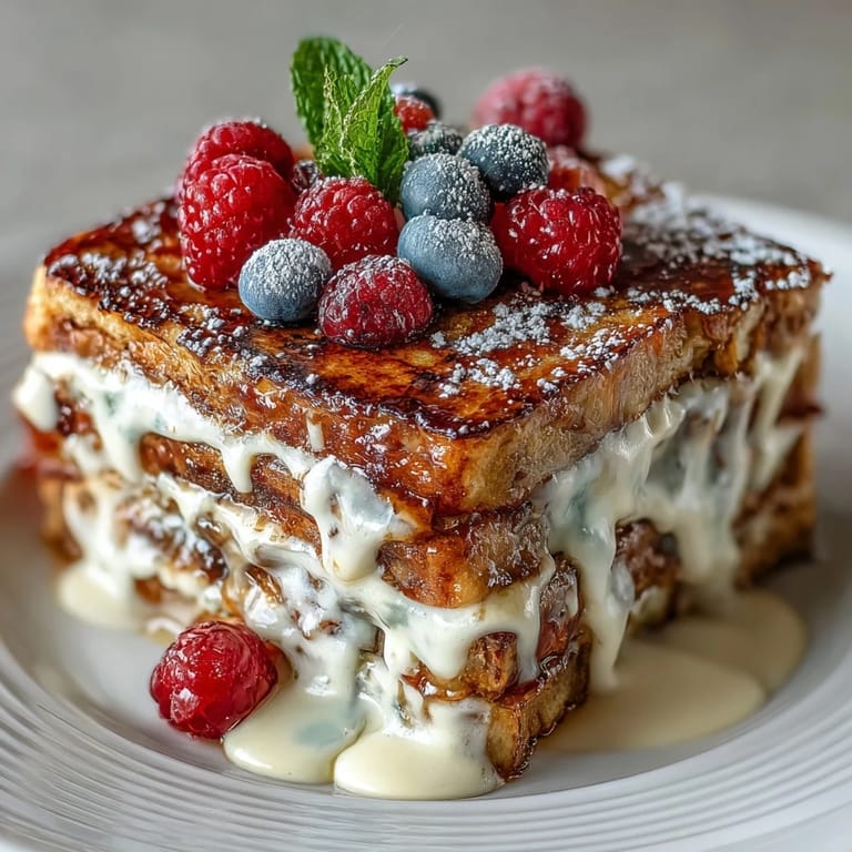 Indulgent pancake casserole with mixed berries, creamy custard, and a dusting of powdered sugar, ideal for Mothers Day celebrations.