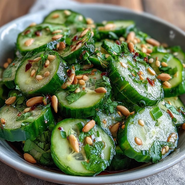 Cool, tangy Asian cucumber salad featuring sesame and rice vinegar, ideal for light summer meals.