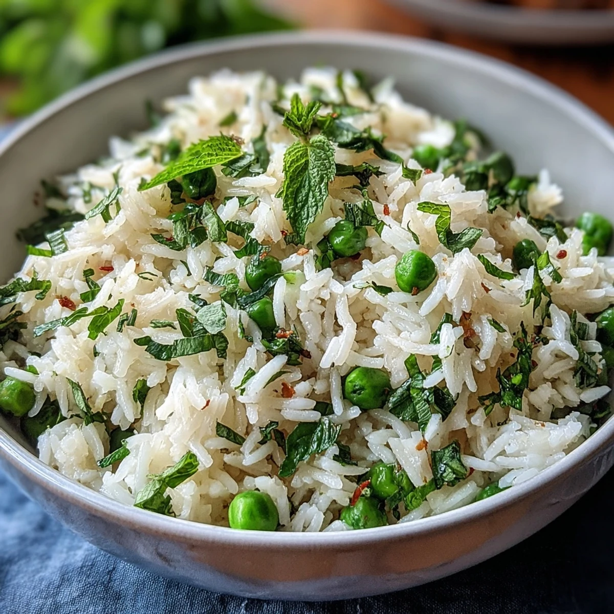 Fluffy white rice pilaf mixed with sweet spring peas, fresh mint, and parsley, served warm with a bright lemon garnish.
