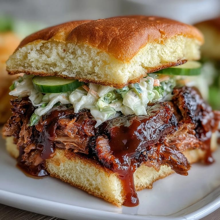 Tender, slow-cooked brisket sliders topped with creamy slaw and rich BBQ sauce for a party-perfect bite.  