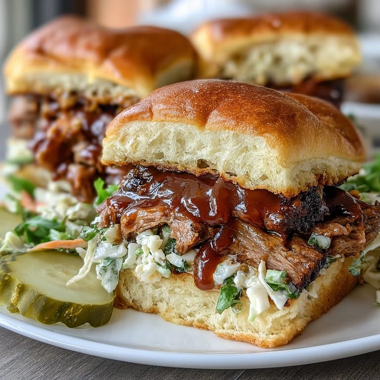Juicy BBQ brisket sliders layered with crisp cabbage slaw, sweet BBQ glaze, and buttery toasted buns.