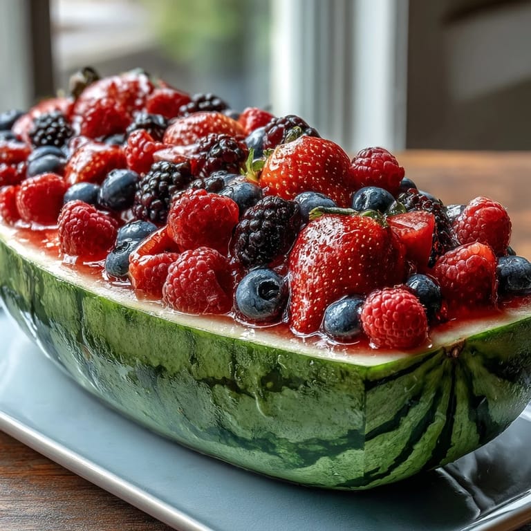 Elegant watermelon carving filled with berries and tropical fruits, creating a stunning centerpiece for brunches and gatherings.