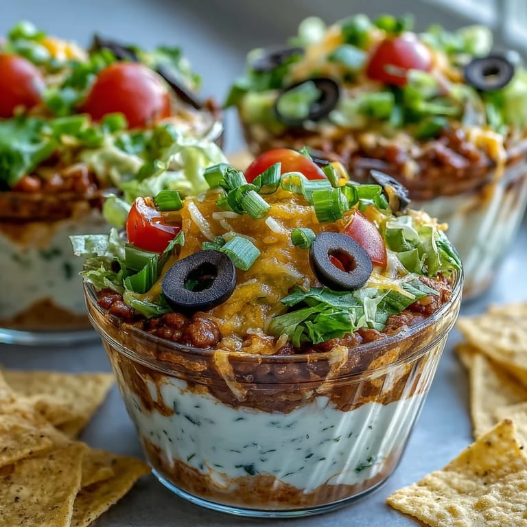 Festive Easy Taco Dip Cups layered with seasoned cream cheese, lettuce, tomatoes, and cheese for parties.