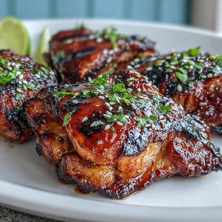 Juicy chicken thighs coated in honey sriracha marinade, grilled to smoky perfection with vibrant char marks and rich color.