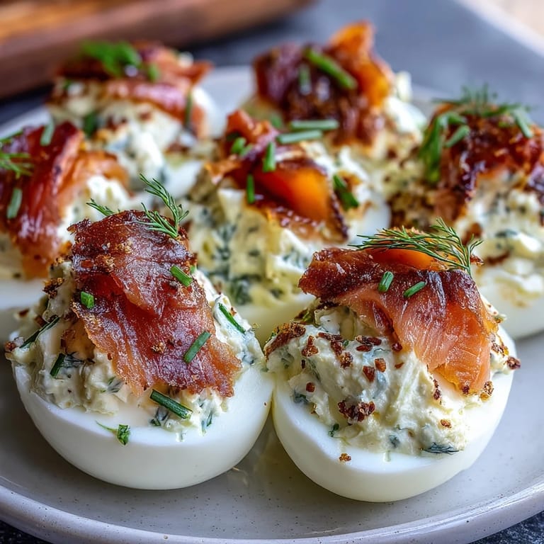 Creamy deviled eggs filled with smoked salmon and chives, finished with a crunchy everything seasoning topping for flavor.