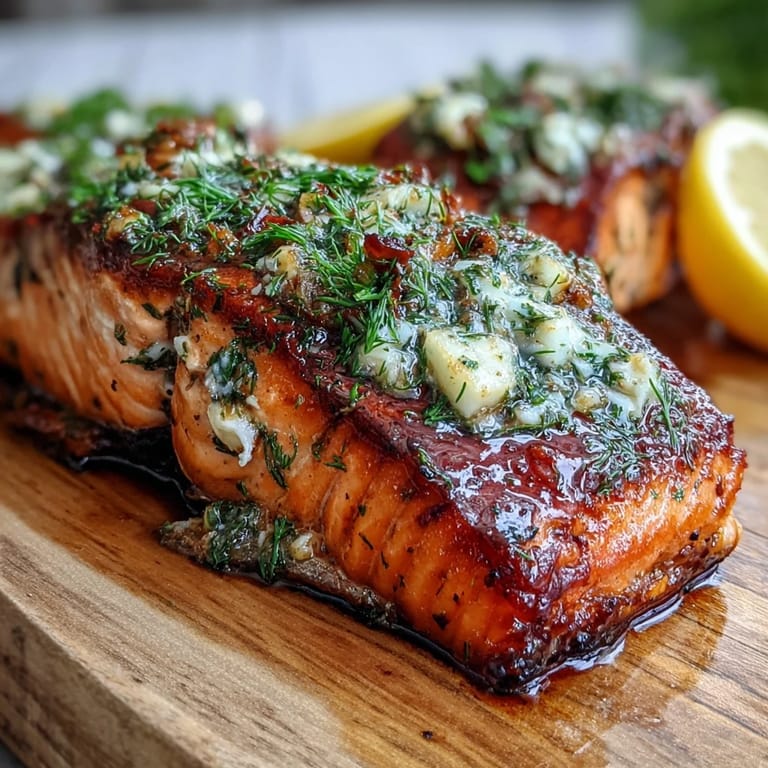 Aromatic cedar plank salmon with garlic dill and lemon zest, offering a tender, flaky texture and irresistible smoky-herby aroma.  