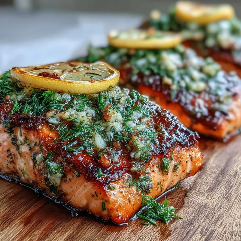Cedar plank salmon fillets brushed with garlic dill marinade, grilled until perfectly cooked and garnished with bright lemon slices.