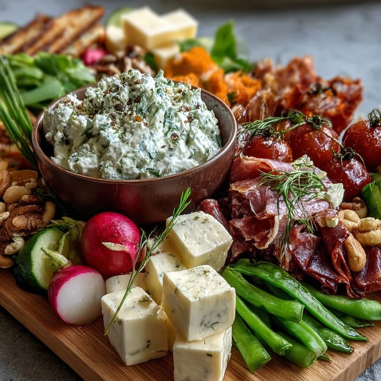 Fresh spring charcuterie board with radishes, peas, and herb dip, showcasing seasonal produce and savory meats.
