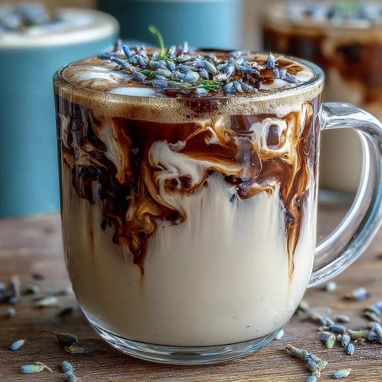 Iced lavender oat milk latte with two espresso shots, poured over ice in a tall glass for a refreshing dairy-free treat.