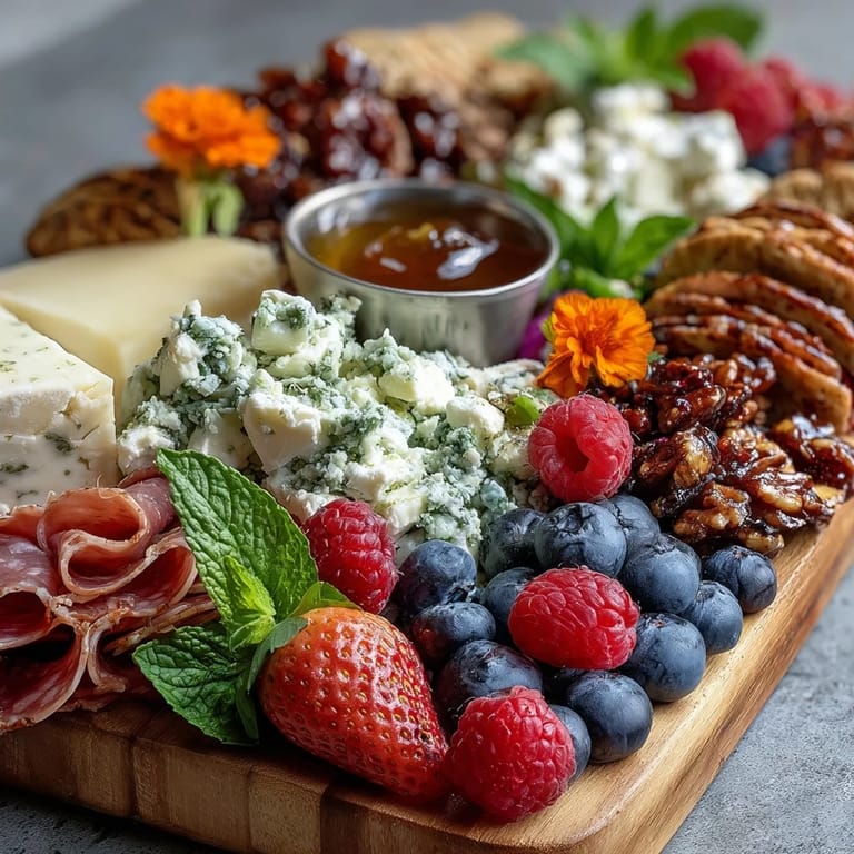 A vibrant charcuterie board featuring edible flowers, fresh fruits, and cured meats, perfect for springtime entertaining and gatherings.