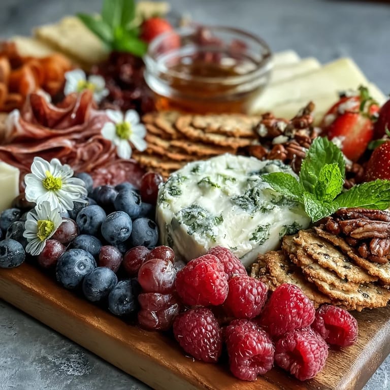 Elegant charcuterie board with edible flowers, assorted cheeses, and fruits, creating a beautiful and delicious spring appetizer display.