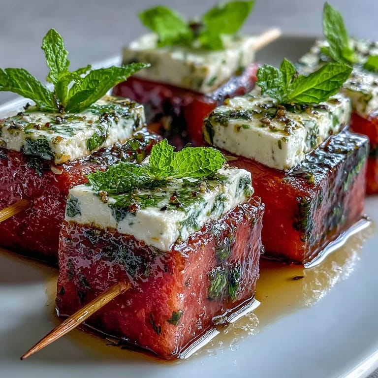 Colorful watermelon feta mint skewers with juicy fruit and creamy cheese on bamboo sticks.