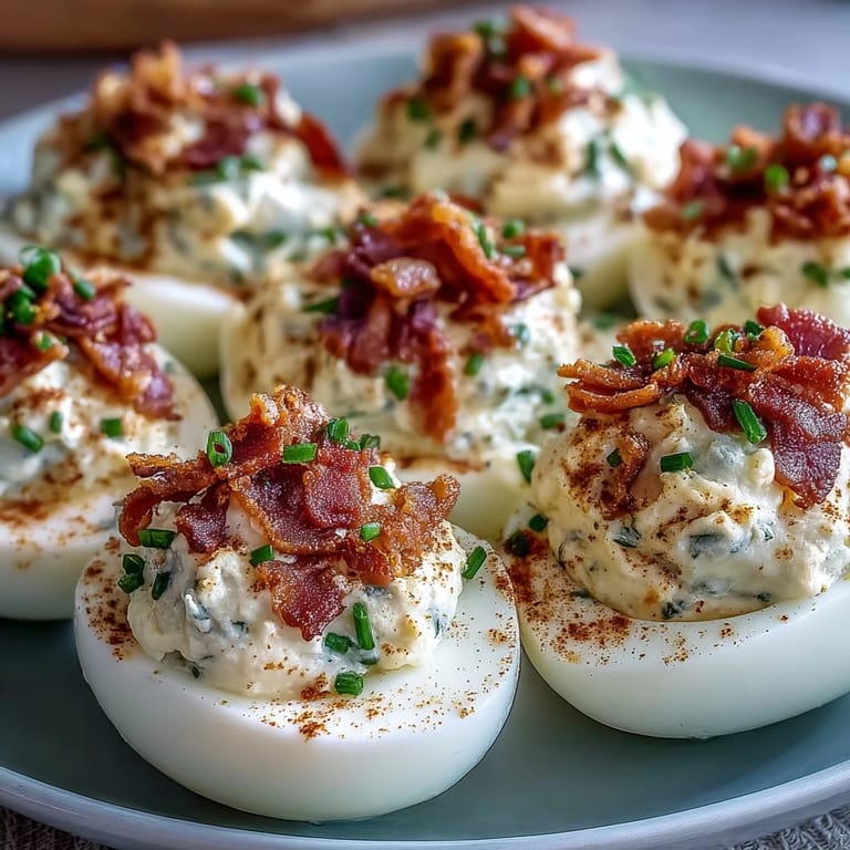 Golden deviled egg halves filled with rich bacon-ranch yolk mixture, topped with crunchy bacon bits and a sprinkle of paprika.
