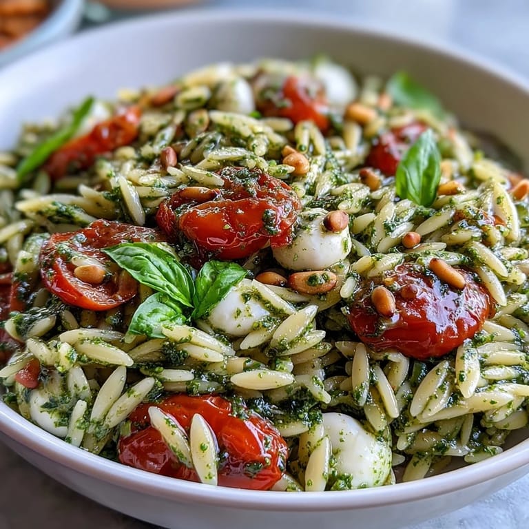 Make-ahead cold orzo salad featuring basil pesto, fresh mozzarella, and cherry tomatoes, perfect for potlucks.