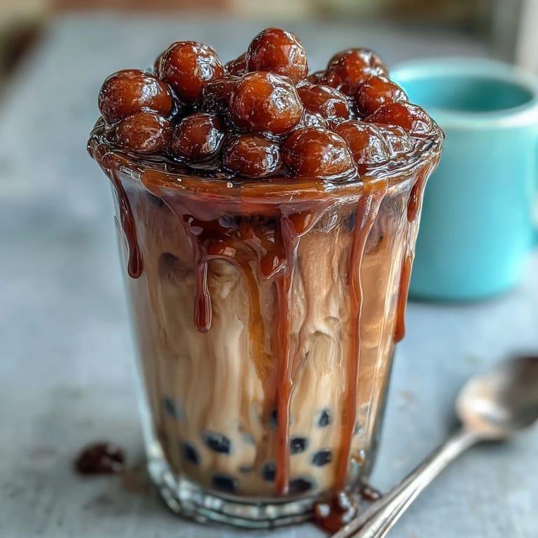 Homemade brown sugar tapioca pearls nestled in a chilled milk tea base, drizzled with extra brown sugar syrup for a sweet finish.