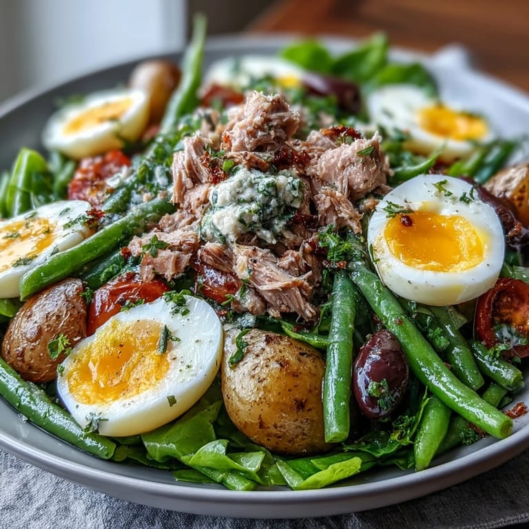 Fresh Spring Niçoise Salad featuring soft-boiled eggs, cherry tomatoes, and crisp green beans on mixed greens.