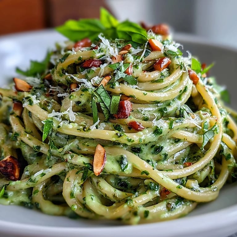 A vibrant, healthy pasta dish featuring a silky avocado-basil pesto, tossed with linguine and garnished with lemon zest and pine nuts.