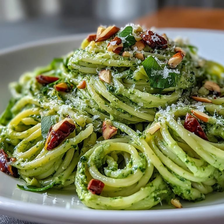 Fresh, vegetarian creamy avocado pesto pasta with no-cook sauce, tossed with gluten-free spaghetti and topped with extra Parmesan and basil.