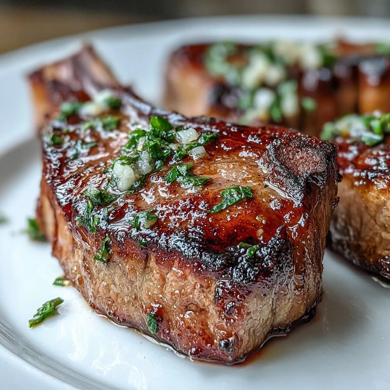 Juicy lamb rib chops drizzled with fragrant gremolata, a vibrant blend of parsley, lemon zest, and minced garlic.