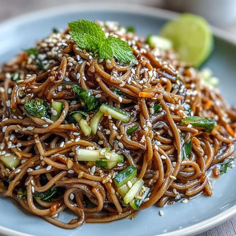 Tempting soba noodle salad bowl, packed with crisp veggies and savory dressing.