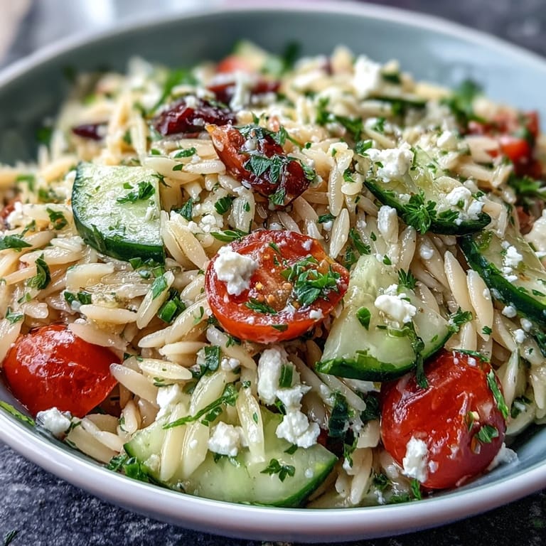 Refreshing Mediterranean orzo pasta salad featuring crisp cucumber, creamy feta, and zesty lemon vinaigrette.  
