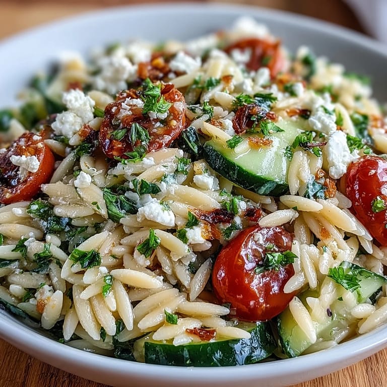 Colorful orzo salad with juicy tomatoes, fresh herbs, and tangy feta in a bright lemon dressing.