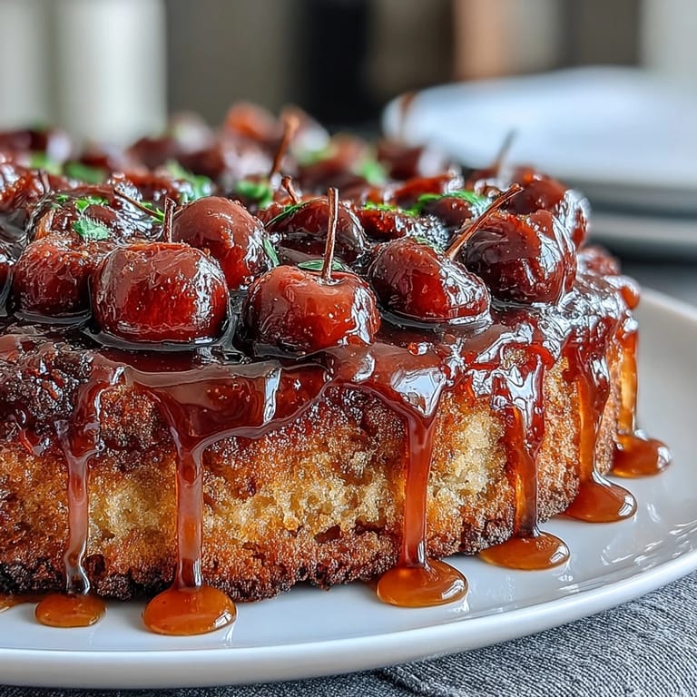 Decadent cherry almond upside-down cake featuring sweet, juicy cherries and a soft, almond-scented sponge with a caramelized finish.