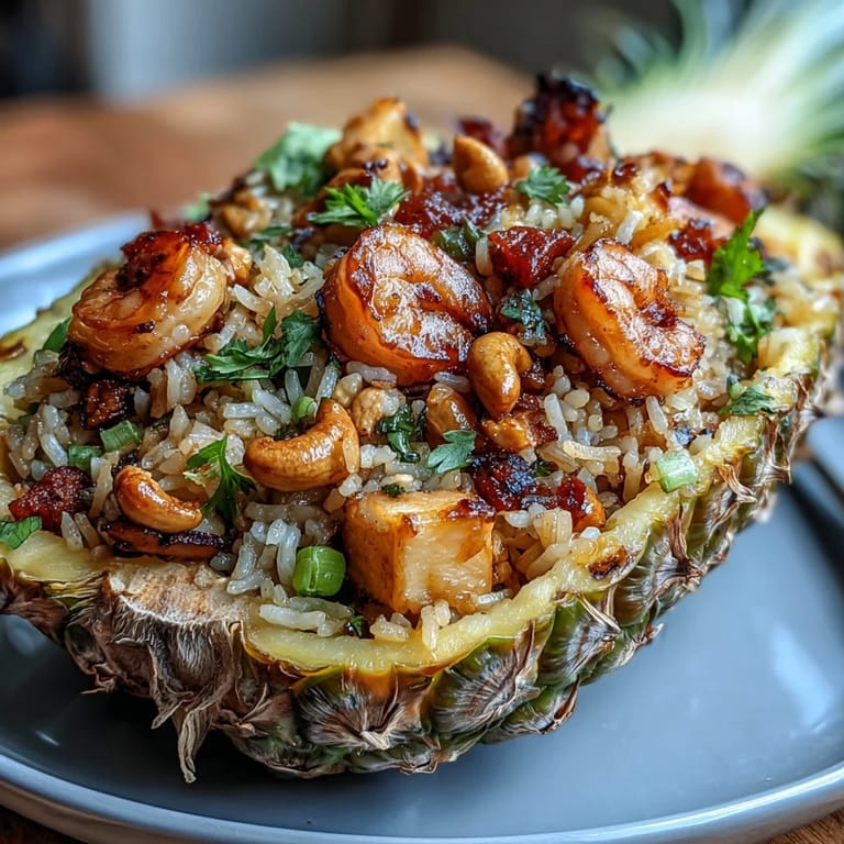 Fragrant pineapple fried rice with curry spices, shrimp, and roasted cashews served inside a carved pineapple shell.