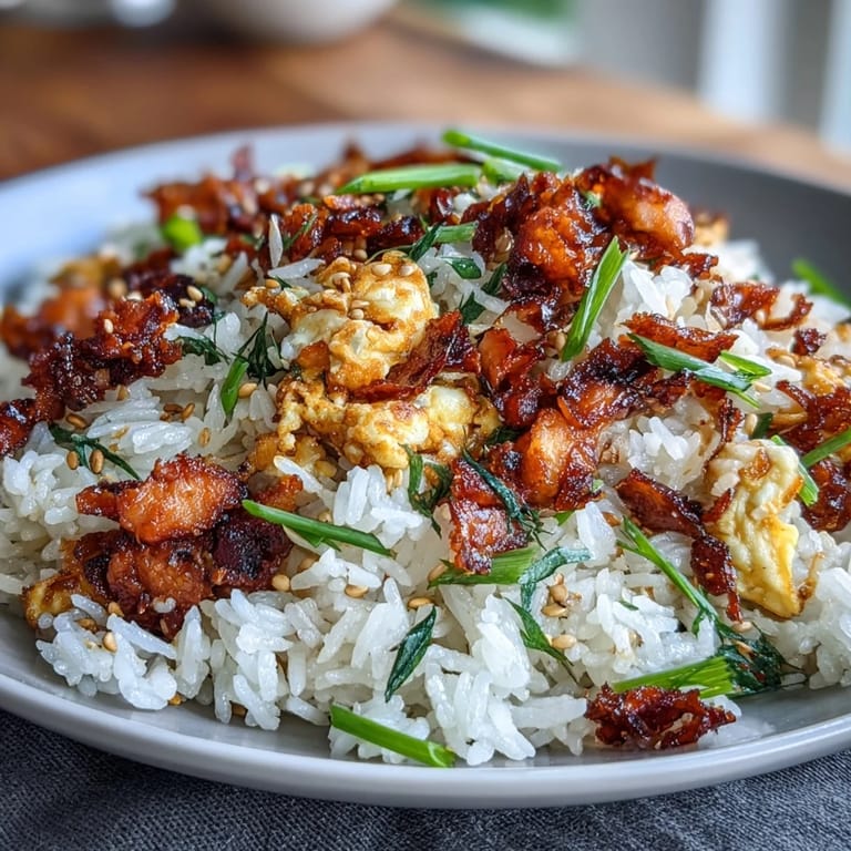 Aromatic fried rice tossed with chili crisp oil, golden eggs, and fresh green onions for a spicy kick.  