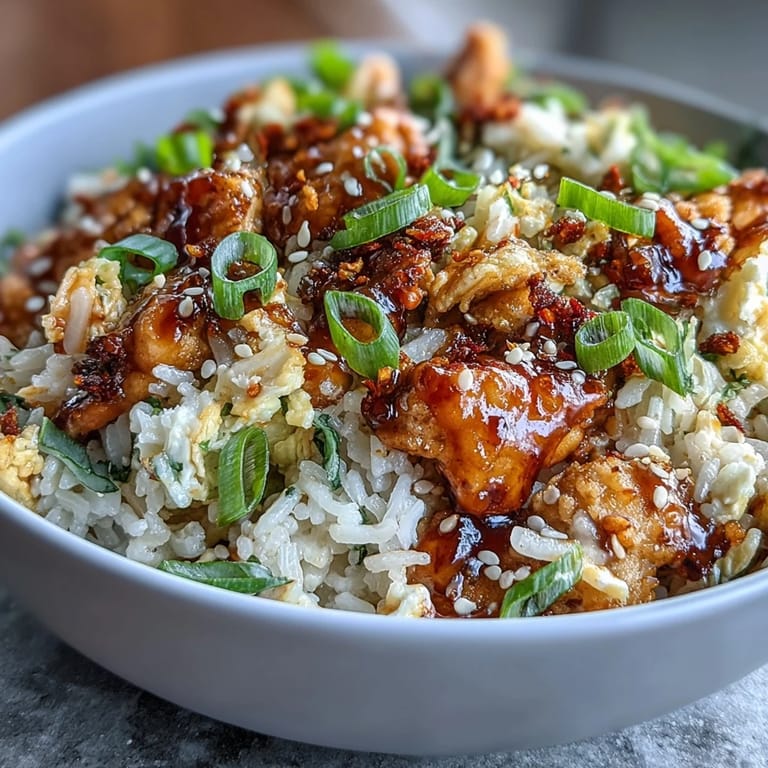 Savory egg fried rice topped with chili crisp and sesame seeds, served hot with vibrant green scallion garnish.