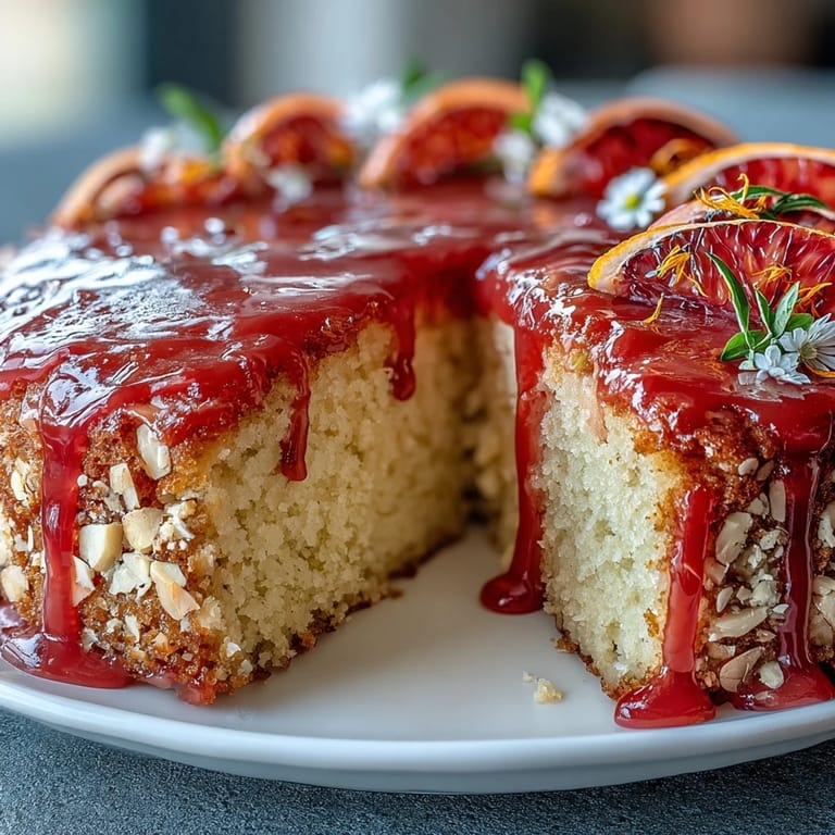 Moist and fragrant blood orange polenta cake, infused with citrus and decorated with edible flowers and fresh orange slices.