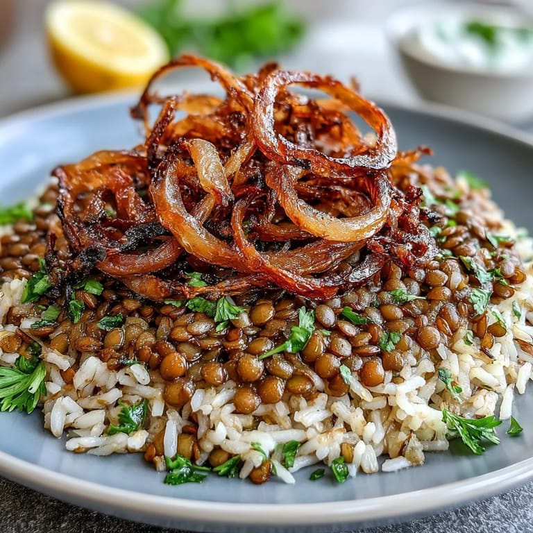 Delicious Levantine Mujadara, served warm with aromatic spices and irresistible toasted onions.