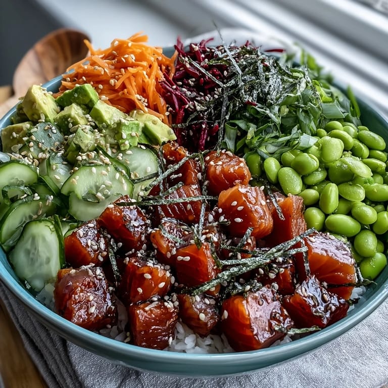 Delectable salmon poke bowl bursting with fresh avocado and crisp vegetables.