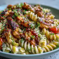 A bowl of Honey BBQ Chicken Pasta Salad with rotini, juicy chicken, cherry tomatoes, and corn.
