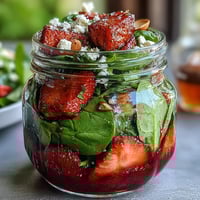 Strawberry and Spinach Mason Jar Salad with Balsamic Vinaigrette, a vibrant make-ahead meal featuring sweet strawberries, tender spinach, and crunchy almonds.