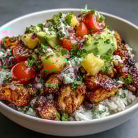 Chicken pineapple taco bowls with coconut rice, featuring juicy spiced chicken, fresh pineapple salsa, and creamy rice in a colorful bowl.