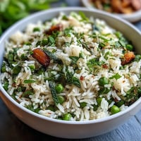 Spring Pea and Mint Rice Pilaf with vibrant green peas and fresh mint, a fragrant vegetarian side dish perfect for spring meals.