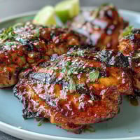 Honey Sriracha Grilled Chicken Thighs sizzling on a hot grill, with caramelized edges and a glossy, spicy-sweet glaze.