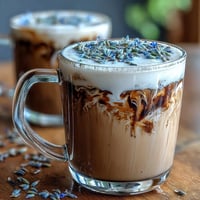 A creamy oat milk latte infused with fragrant lavender, served in a white mug with a delicate floral garnish.