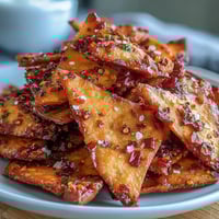 Crispy, golden-baked Spicy Chili Crisp Garlic Naan Chips are piled high for dipping. 