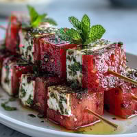 Watermelon Feta Mint Skewers with fresh mint and balsamic drizzle on a wooden platter.
