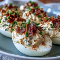 Bacon Ranch Deviled Eggs with crispy bacon and creamy ranch filling, garnished with fresh chives and paprika for a flavorful appetizer.
