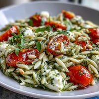 Fresh cold pesto orzo salad with cherry tomatoes and mozzarella, ideal for picnics and summer lunches.  