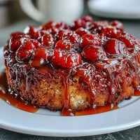 A golden cherry almond upside-down cake with caramelized cherries glistening on top and a moist, tender crumb.