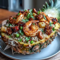 A vibrant Thai pineapple fried rice with shrimp, colorful veggies, and cashews served in a fresh pineapple shell.  