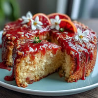A vibrant gluten-free cake with polenta, almonds, and blood orange zest, topped with a striking pink citrus glaze.